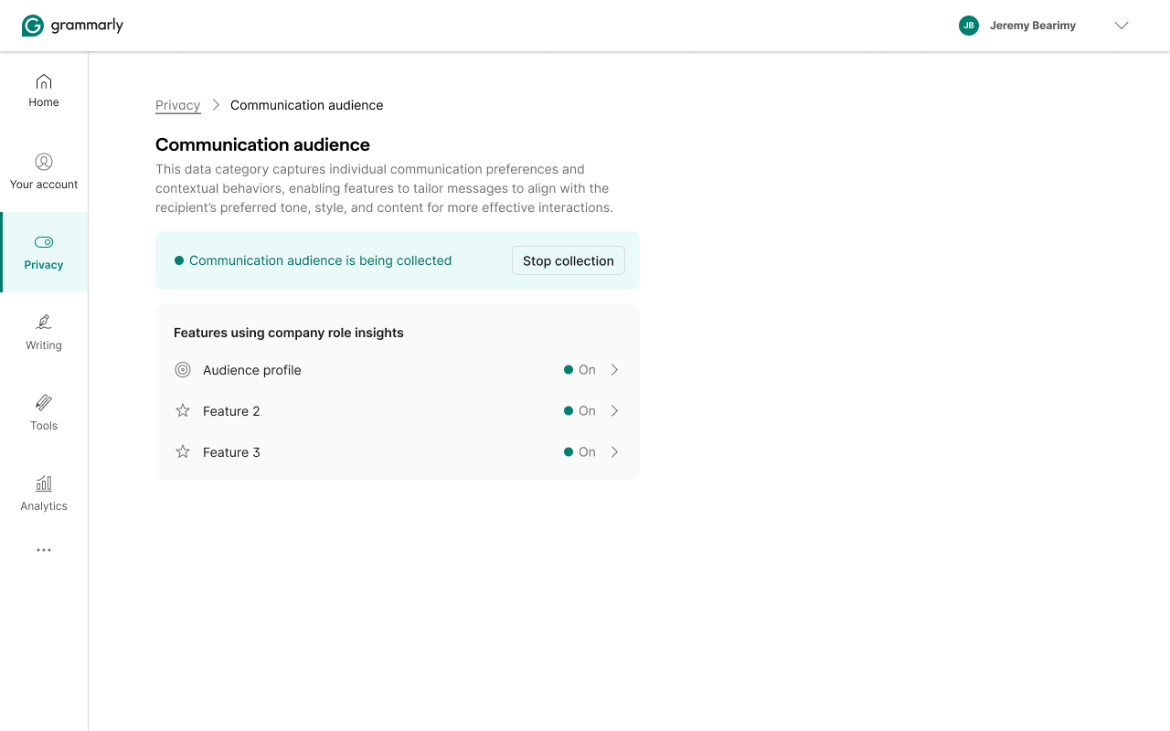 Privacy Hub — data category detail view